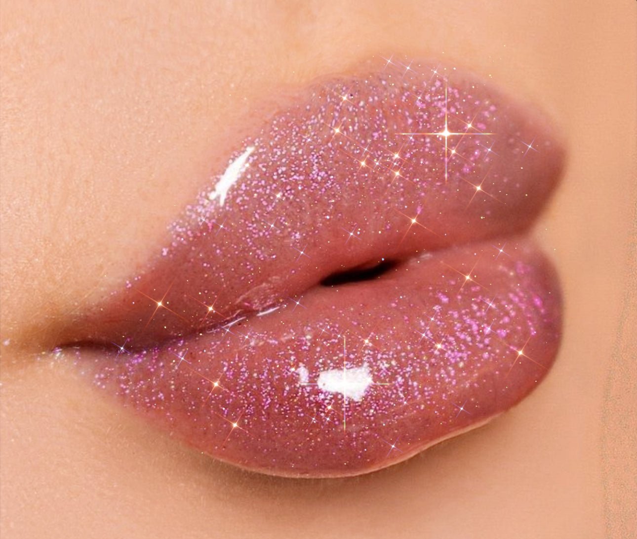 Classic #3 - Glossy Gang Lip GlossClose - up of shimmering glitter gloss applied to lips, showcasing a sparkly, reflective finish."