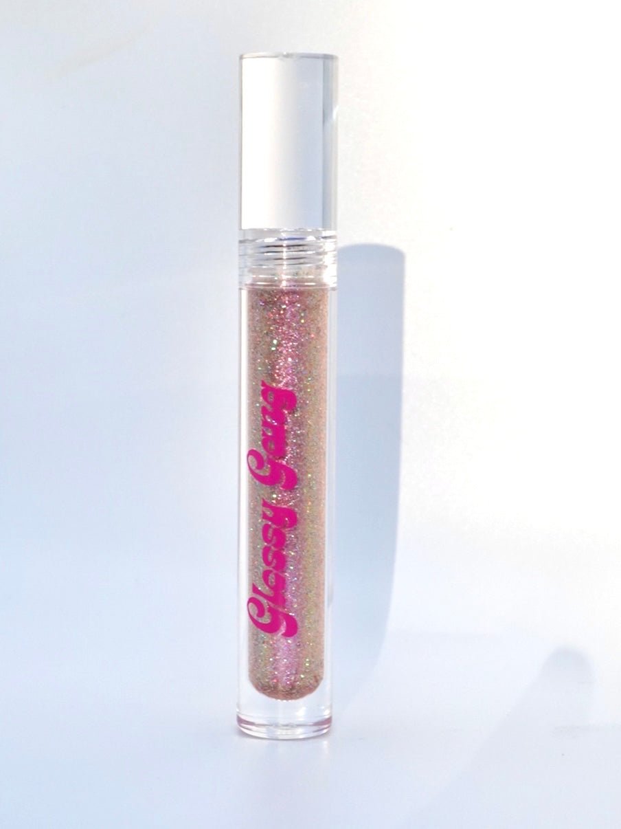 Classic #3 - Glossy Gang Lip GlossClose - up of shimmering glitter gloss applied to lips, showcasing a sparkly, reflective finish."