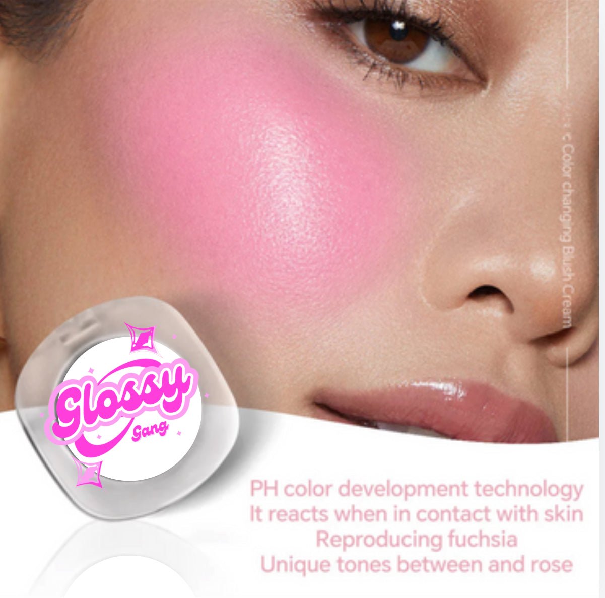 Color Changing Blush - Glossy Gang Close - up of shimmering glitter gloss applied to lips, showcasing a sparkly, reflective finish."