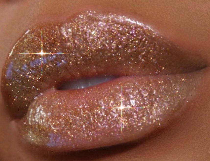 Goldilocks #4 - Glossy Gang Glitter GlossClose - up of shimmering glitter gloss applied to lips, showcasing a sparkly, reflective finish."