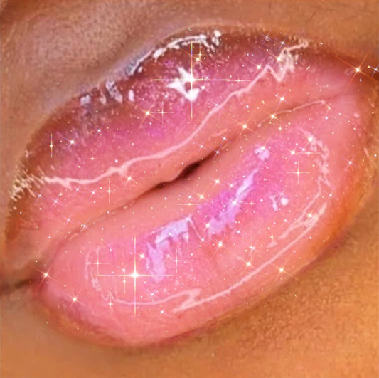 Iridescent #7 - Glossy Gang Lip GlossClose - up of shimmering glitter gloss applied to lips, showcasing a sparkly, reflective finish."