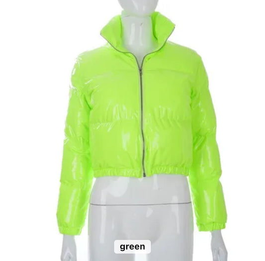 Neon Green Puffer Jacket (limited Edition) - Glossy Gang Close - up of shimmering glitter gloss applied to lips, showcasing a sparkly, reflective finish."